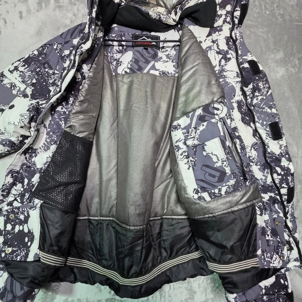Bimodal Mens XL Ski Jacket Black White Abstract Graphic Hooded Winter Coat Coat
